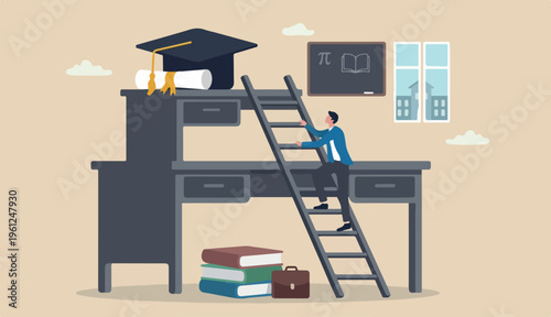  Education degree achievement, graduation college to university diploma, school learning classroom, wisdom scholar concept, young adult student climb up Big desk ladder reach or graduate mortarboard