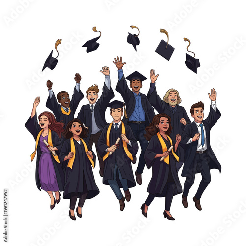 Jubilant graduates celebrating their academic achievements together in colorful attire