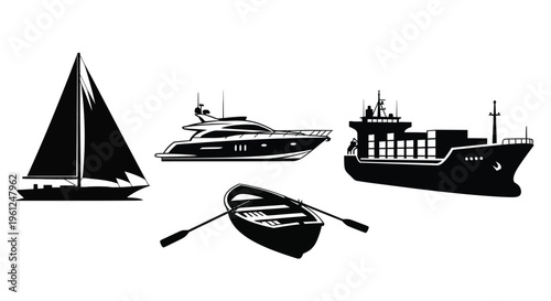 Various boats and a rowboat depicted in a striking black silhouette