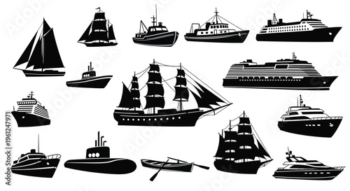 Collection of various boats and ships depicted in a stark silhouette