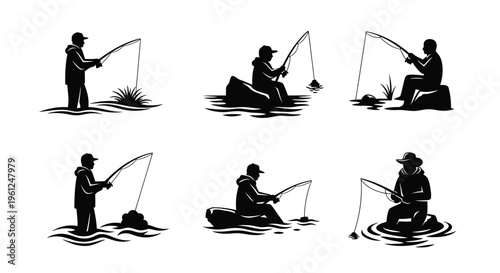 Six fishermen in various poses displayed as a striking silhouette