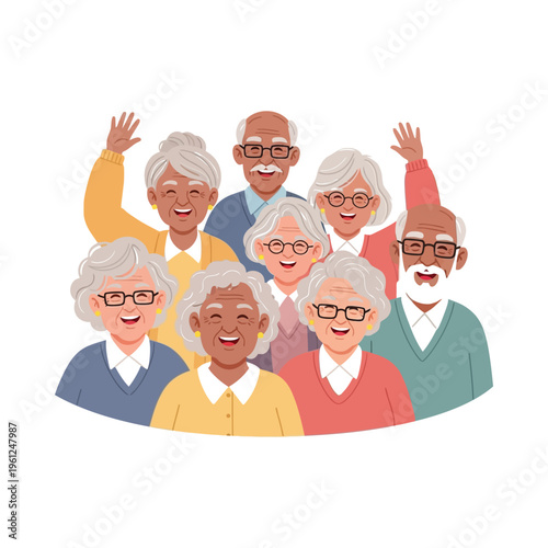 Group of cheerful elderly people celebrating together joyfully