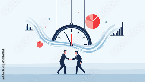 Two businessmen shaking hands underneath a giant clock with data charts representing timely business deals and the importance of market timing.