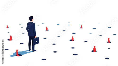 Businessman with a briefcase standing in a landscape of holes where red human silhouettes are appearing illustrating a recruitment process.