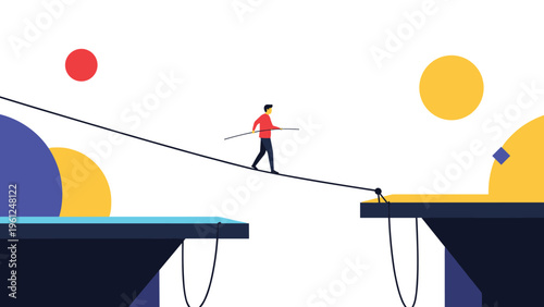Person walking a tightrope between two high platforms while balancing with a pole representing business risk management and stability in crisis.