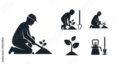 Gardening workers planting seedlings with tools and plants a dark silhouette