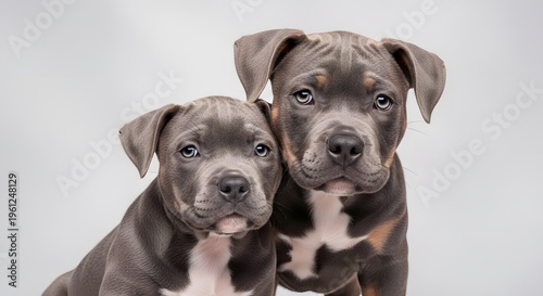 Two adorable blue grey American Bully puppies with white markings looking at the camera in a studio