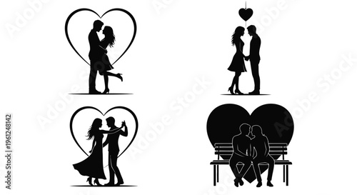Romantic couples embracing and dancing within heart shapes black silhouette