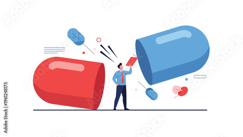 Professional standing inside a giant open medicine capsule with red and blue halves representing healthcare industry or a search for a new cure.