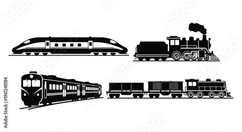 A comparison of modern and historic trains depicted in black silhouette