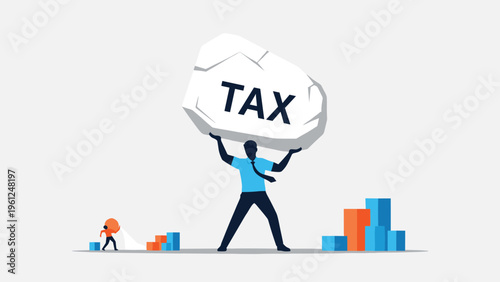 Strong businessman holding a giant boulder with the word tax written on it representing the heavy burden of taxes on business owners.