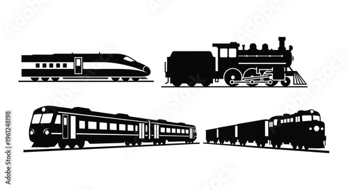 Modern and vintage trains depicted in a striking black silhouette