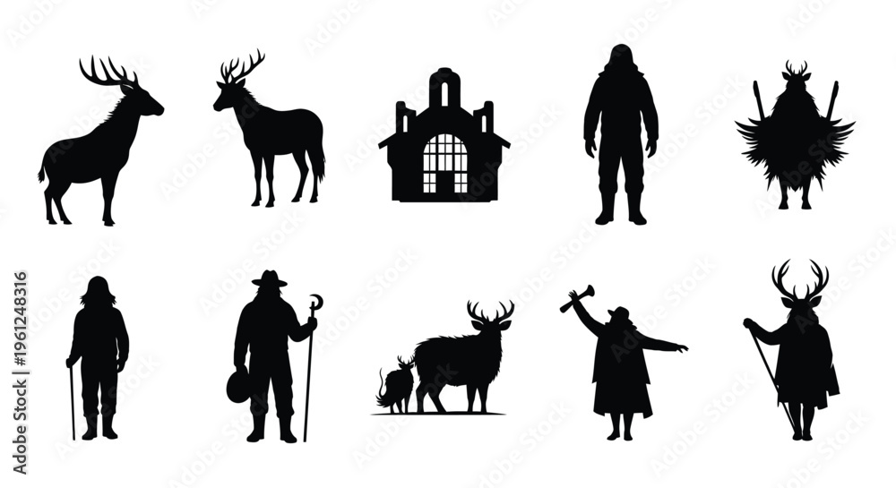 Fototapeta premium Collection of black silhouettes depicting deer people and a building silhouette