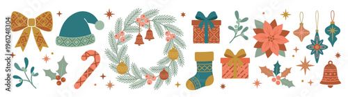 Large collection of festive Christmas holiday elements including wreath gift boxes santa hat and decorative ornaments isolated on white background for seasonal greeting card design projects