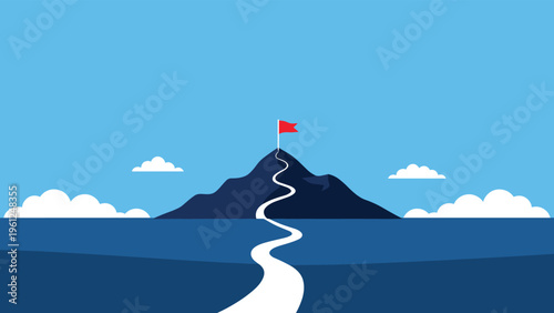 Long winding path leads through the ocean towards a tall dark mountain with a red flag at the peak symbolizing a difficult goal.