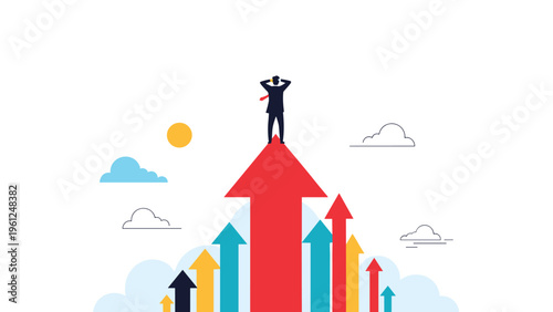 Visionary leader stands at the tip of a giant red arrow pointing up surrounded by other colorful arrows representing business growth.