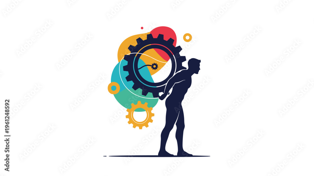 Obraz premium Silhouette of a strong person carrying a massive gear on their back against a background of colorful abstract shapes and gears.