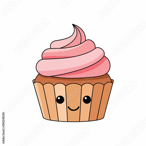 Cartoon cupcake with pink frosting smiling 1.