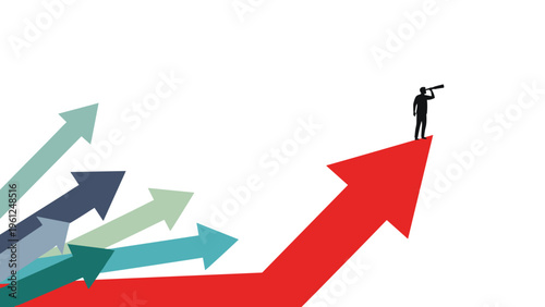 Ambitious leader with a telescope stands at the tip of a large red arrow pointing upwards among several other colorful arrows.