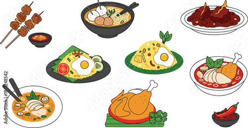  Collection of Asian food vector icons including noodles rice chicken skewers curry eggs and spicy dishes illustrations