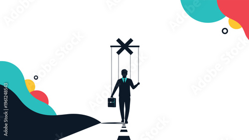 Silhouette of a businessman being manipulated like a puppet on strings illustrating lack of control and external influence.