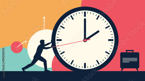 Man using all his strength to push a giant clock against the flow of time on a vibrant background representing a race against time.