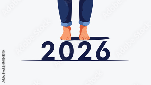 Close up of bare feet standing above the year 2026 on a white background representing a fresh start and new beginnings.