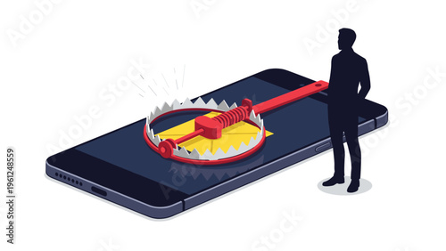 Businessman stands next to a giant smartphone featuring a bear trap over an envelope icon symbolizing mobile security risks.