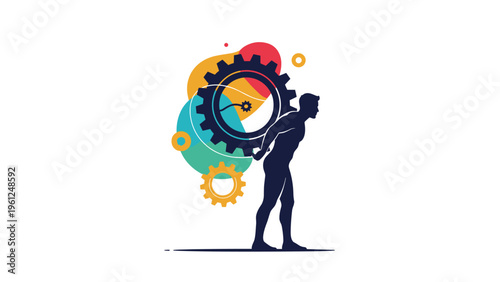 Silhouette of a strong person carrying a massive gear on their back against a background of colorful abstract shapes and gears.