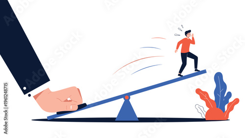 Huge corporate hand pushing down on a seesaw to launch a surprised man high into the air as a metaphor for external help or rapid promotion.