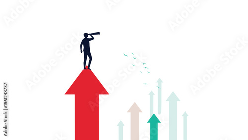 Brave leader standing on top of a massive red arrow pointing upwards while using a telescope to scout for the next big business opportunity.