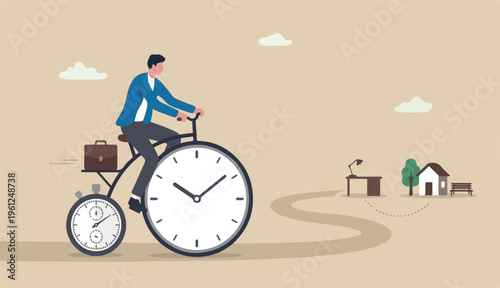  Productivity or efficiency spending time finish work, time management work life balance concept, businessman riding vintage bicycle front wheel clock small wheel stopwatch timer