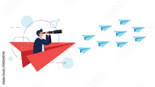 Innovative businessman flying in a large red paper plane while using a telescope to follow a fleet of smaller blue paper planes in the sky.