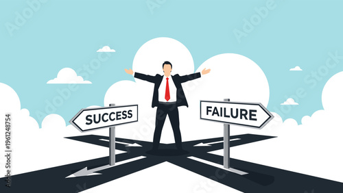 Confident businessman standing at a crossroad path deciding between the directions of success and failure under a cloudy blue sky.