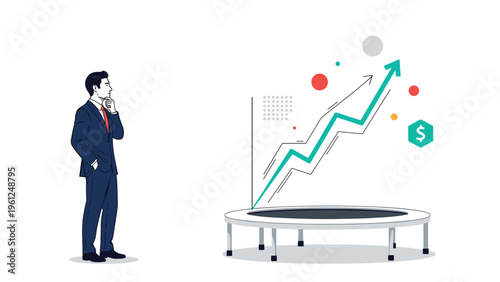 Focused businessman in a suit watching a growth line chart with a green arrow bouncing off a trampoline towards symbols of wealth and success.