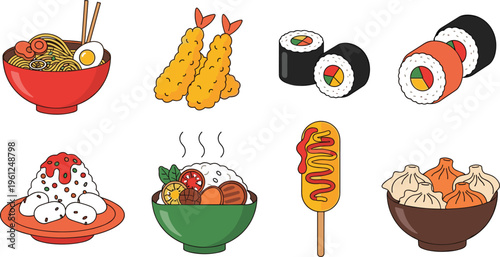  Collection of Asian food vector icons including ramen sushi tempura dumplings rice bowl corndog and hot pot illustrations