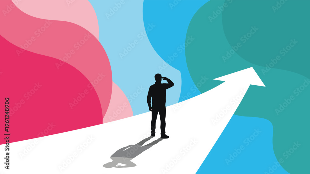 Obraz premium Silhouette of a man standing on a white path that forms a large arrow pointing towards colorful abstract shapes representing different goals.