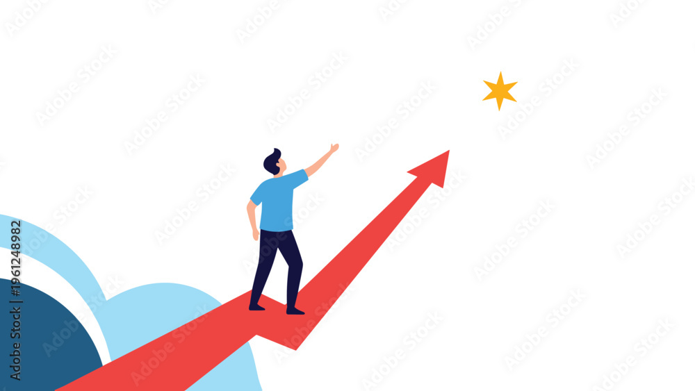 Obraz premium Young person standing on a large red arrow reaching toward a golden star in the sky representing high ambitions and reaching for the dreams.