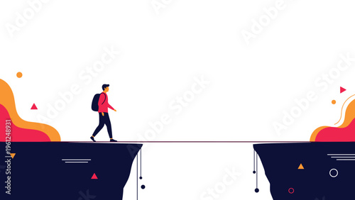 Brave person with a backpack carefully walking across a thin rope bridge over a deep dark canyon towards a colorful and bright destination.