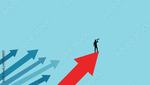 Confident leader on a rising red arrow looking through a telescope as a group of blue arrows follow his lead towards a bright future.