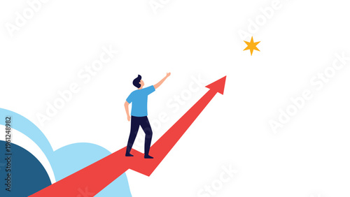 Young person standing on a large red arrow reaching toward a golden star in the sky representing high ambitions and reaching for the dreams.
