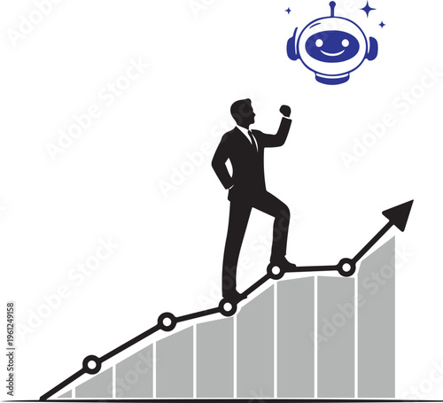 Business professional climbs a graph with a robot hovering above