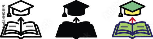 Graduation icons and open books in various colors and styles