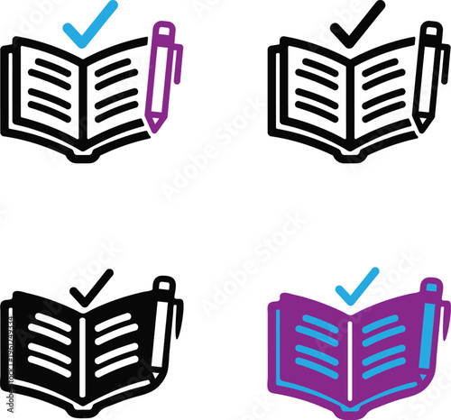 Four icons of books with checkmarks and pencils in different colors and styles