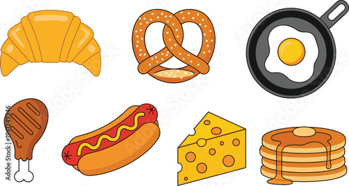  Collection of breakfast food vector icons including croissant pretzel fried egg hotdog chicken cheese and pancakes illustrations set
