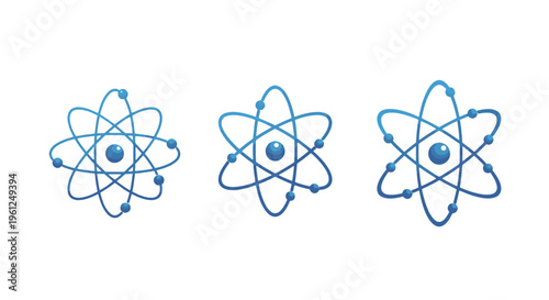 Atomic Structure Icons Showing Nucleus and Orbiting Electrons in Shades of Blue