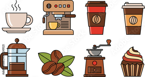  Collection of coffee vector icons including espresso machine cups takeaway drinks beans grinder french press and cupcake illustrations