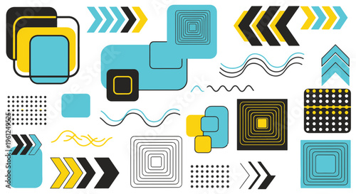 Geometric Abstract Shapes Arrows Waves Dots and Squares on Black Background