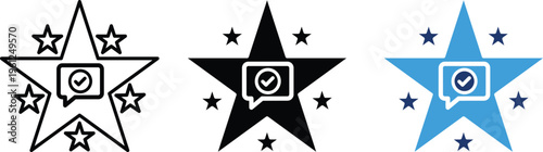Three star designs with a central square and circle on white background