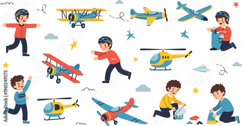 Kids playing with toy airplanes, children flying aircraft toys, happy boys aviation playtime cartoon illustration,